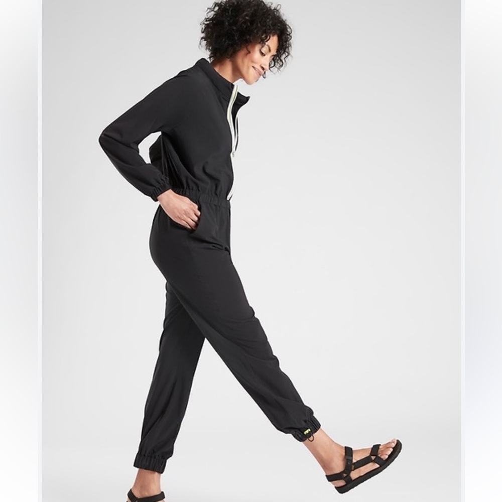 13. Athleta Dipsea Romper Jumpsuit Black Zip Away Hood UPF 50